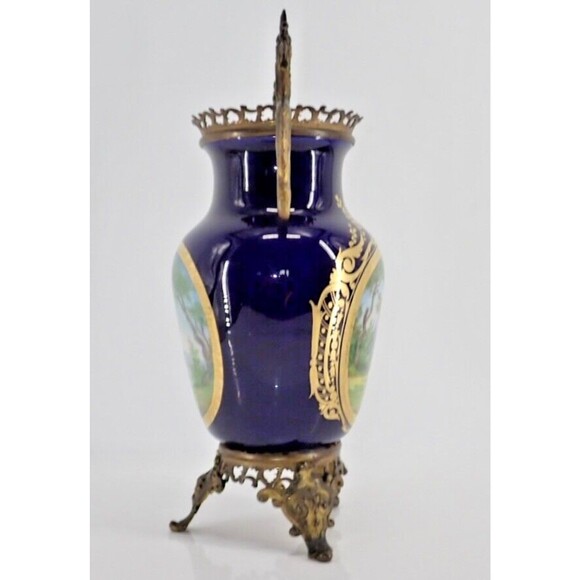 French Sevres Signed Porcelain Cobalt Blue Gilded Vase Bronze Dragon Handles 19C - Picture 5 of 11